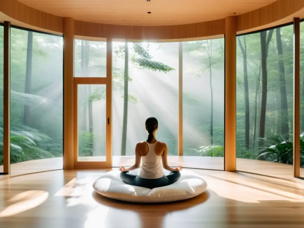 Persona practicando la técnica de respiración circular para meditación en una habitación minimalista con vista a un bosque neblinoso