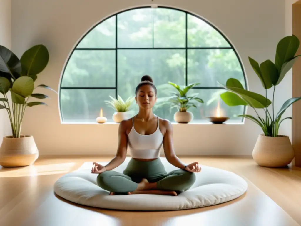 Persona practicando la técnica de respiración circular para meditación en una sala serena y moderna con luz natural y decoración minimalista