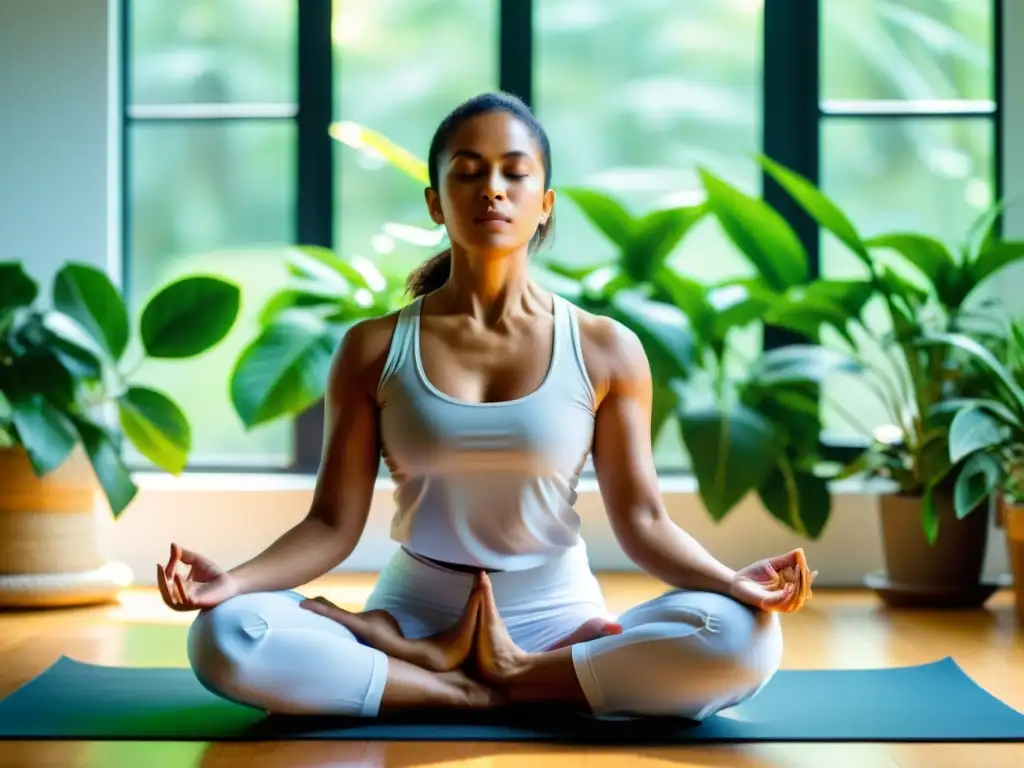 Una persona practica la técnica de yoga Kapalabhati en un estudio luminoso rodeado de plantas, emanando fuerza y tranquilidad