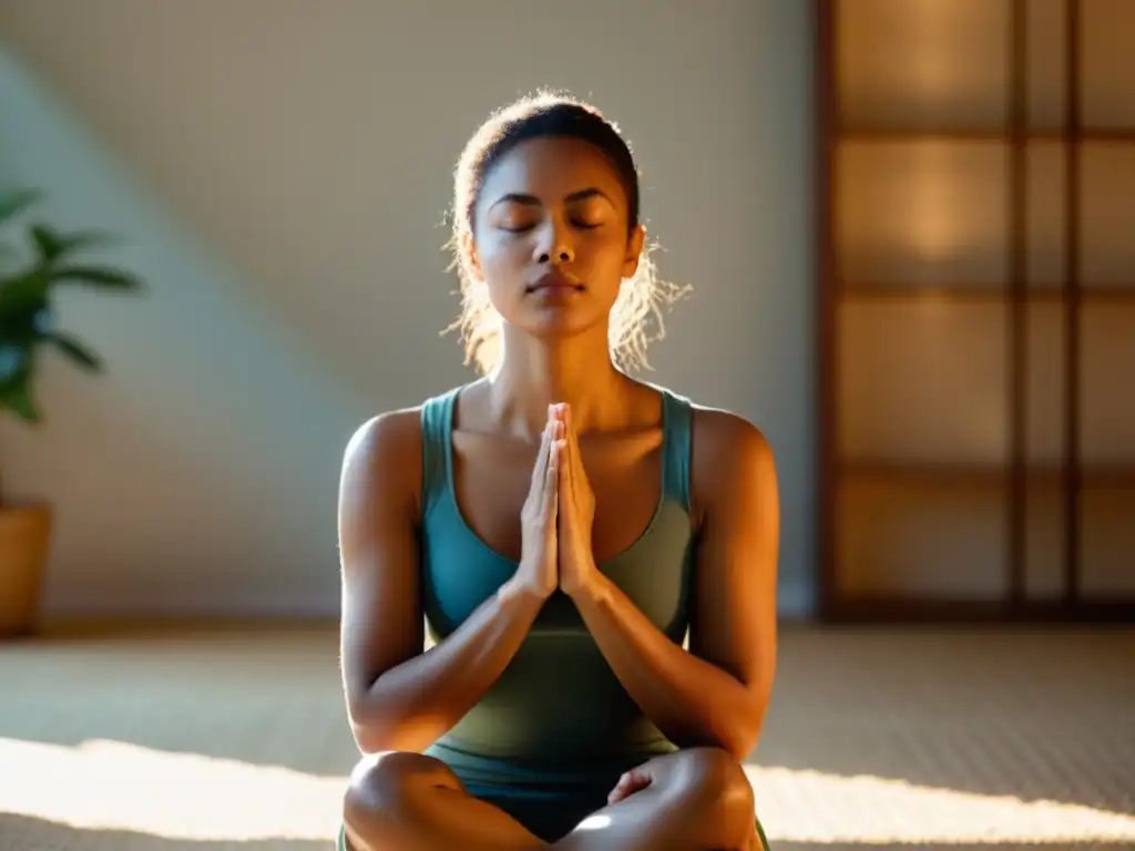 Persona en meditación practicando la técnica de respiración alternada nasal tutorial completo en habitación serena y soleada