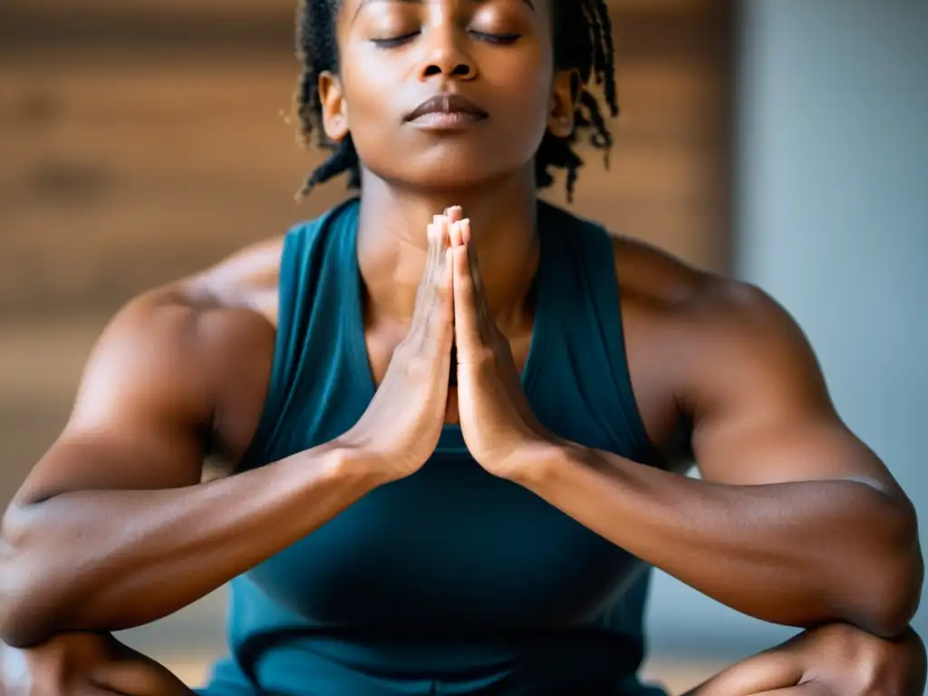 Una persona practica la técnica de respiración alternada nasal en posición de yoga, con expresión serena y luz suave