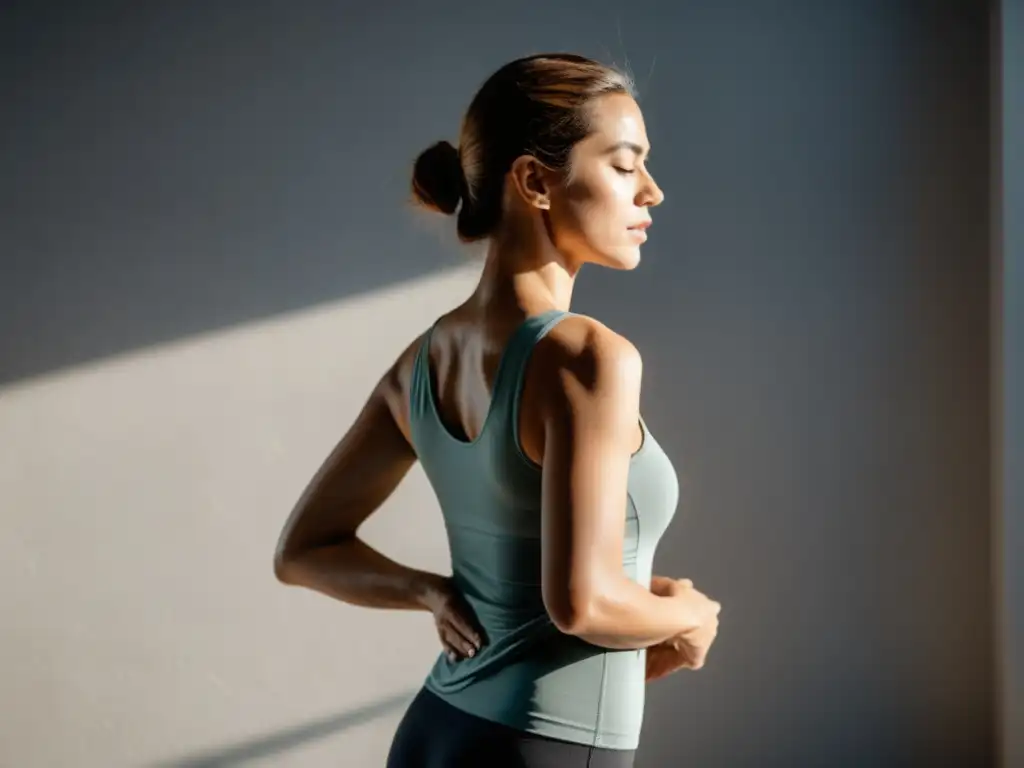 Una persona practica la técnica de respiración hipopresiva para fortalecer core en un estudio tranquilo con luz natural suave