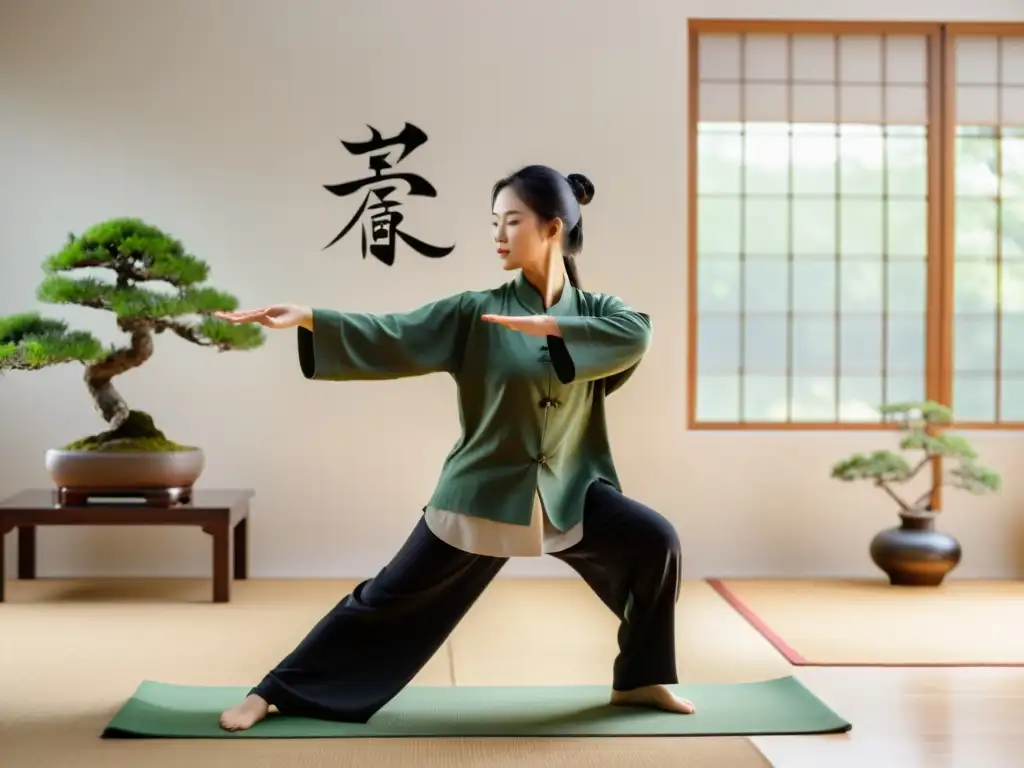 Persona practicando Qi Gong técnica respiratoria China en un estudio moderno con iluminación natural y ambiente tranquilo