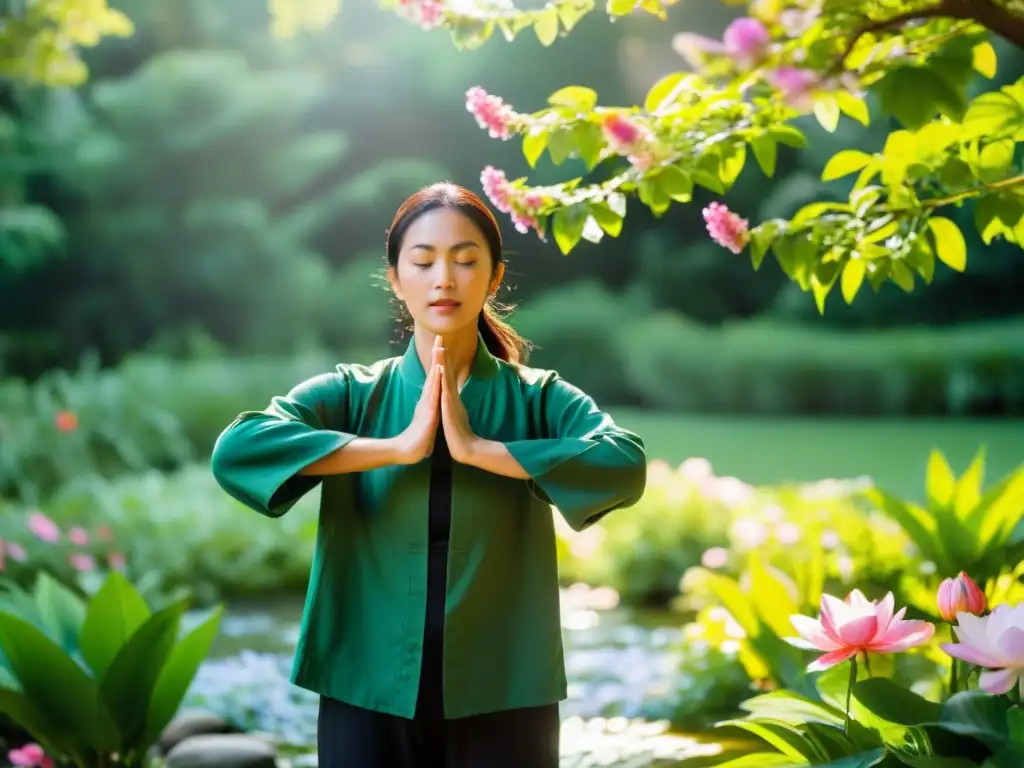 Persona practicando Qi Gong técnica respiratoria China en un jardín exuberante, rodeada de flores y agua fluyente, en armonía con la naturaleza