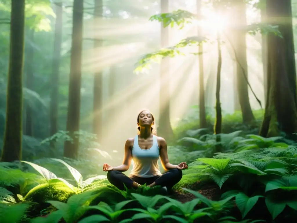 Persona practicando técnicas avanzadas de respiración y beneficios en un bosque exuberante, transmitiendo calma y serenidad