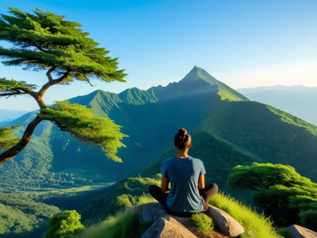 Persona practicando técnicas avanzadas de respiración para dolor crónico en la cima de una montaña, rodeada de naturaleza exuberante y cielo azul