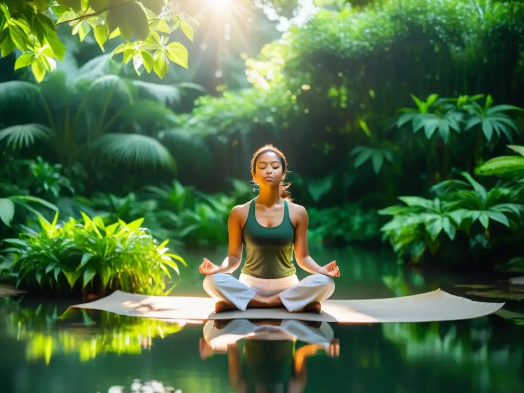 Persona practicando técnicas de bienestar respiratorio destacadas en un entorno natural sereno, rodeada de vegetación exuberante y agua tranquila