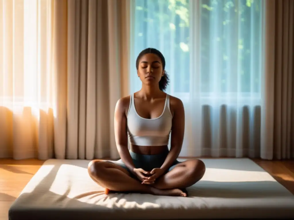 Persona practicando técnicas de control de la hiperventilación en una habitación tranquila, con luz suave filtrándose por las cortinas