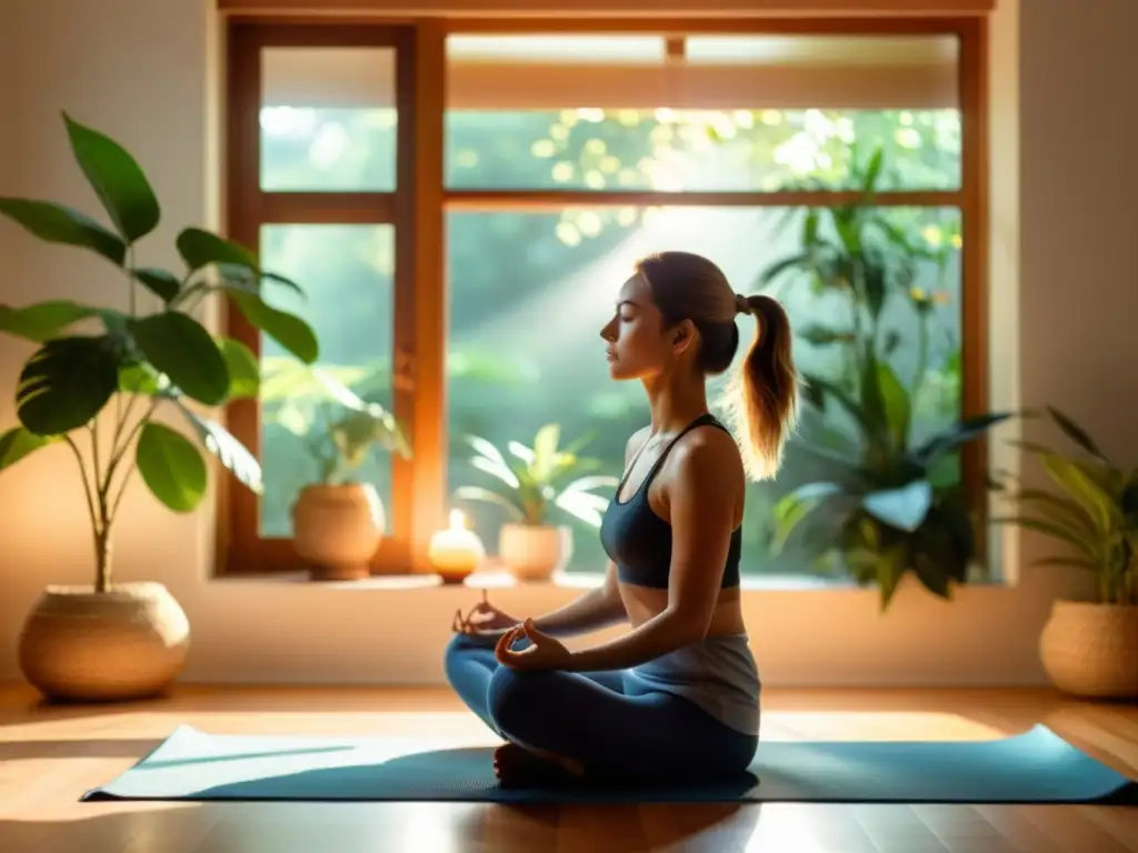 Práctica de meditación en un espacio tranquilo Persona practicando técnicas efectivas para alivio del dolor en una sala iluminada, concentrada y en calma, con luz natural y decoración tranquila