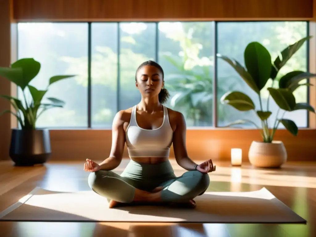 Persona practicando técnicas de respiración Tummo en un estudio de meditación, con luz natural cálida