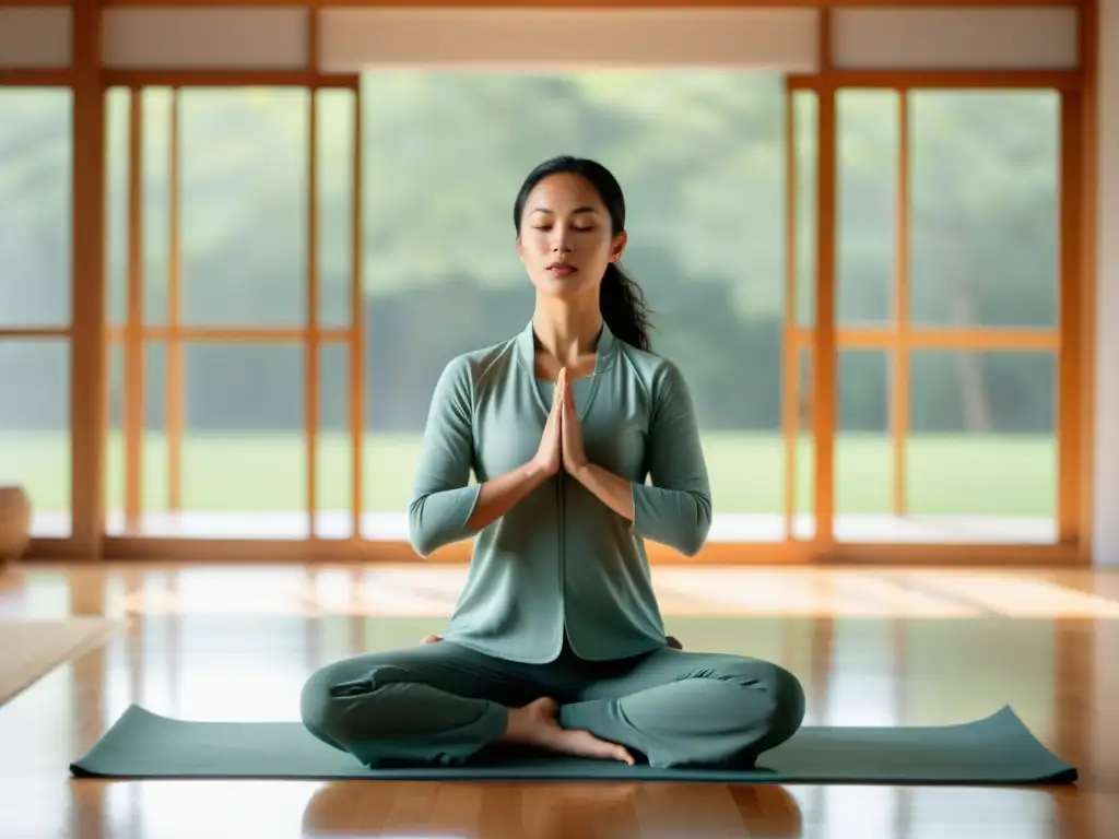 Persona practicando técnicas de respiración Qi Gong en un estudio moderno y sereno, bañado por suave luz natural