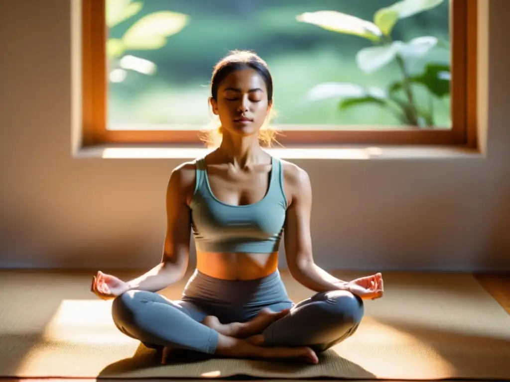 Persona practicando técnicas pranayama para mejorar respiración en un espacio tranquilo iluminado por luz cálida