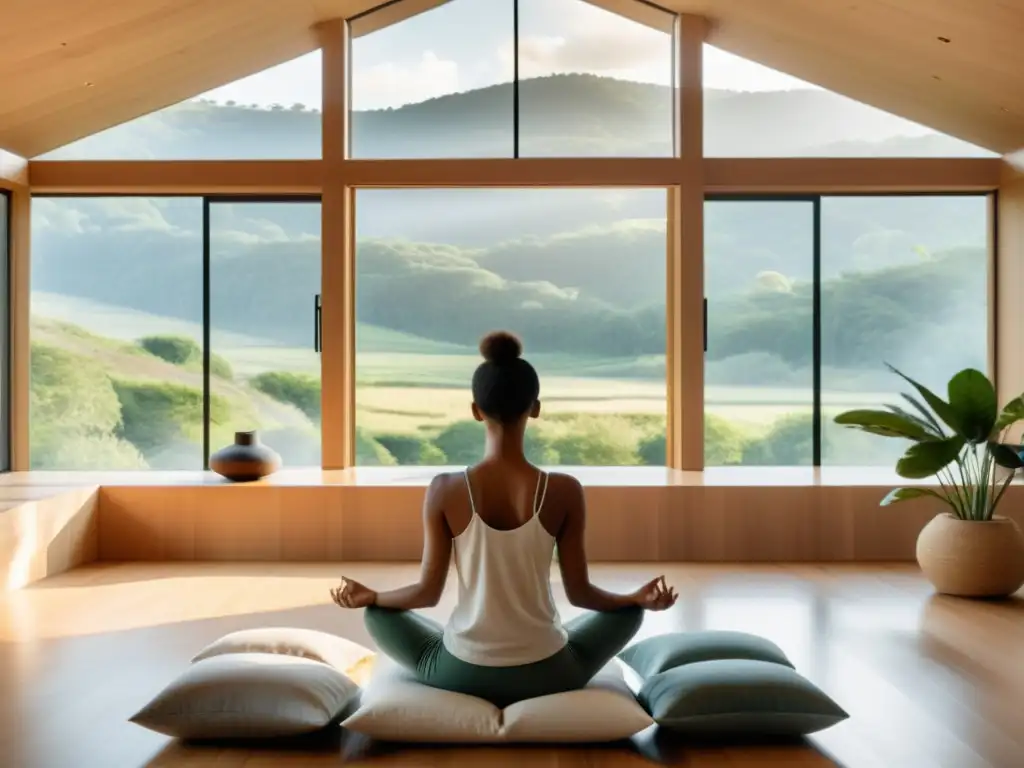 Práctica de Respiración Profunda en Sala Minimalista Persona practicando técnicas de respiración para ansiedad efectivas en un salón moderno con vistas a un paisaje natural sereno