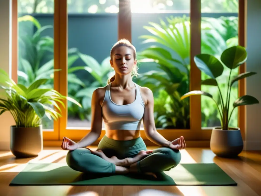 Serena meditación entre plantas verdes Persona practicando técnicas de respiración para ansiedad en ambiente sereno y natural