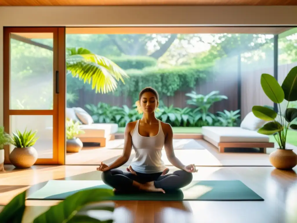 Persona practicando técnicas de respiración para ansiedad en un salón moderno con vista a un jardín verde y soleado