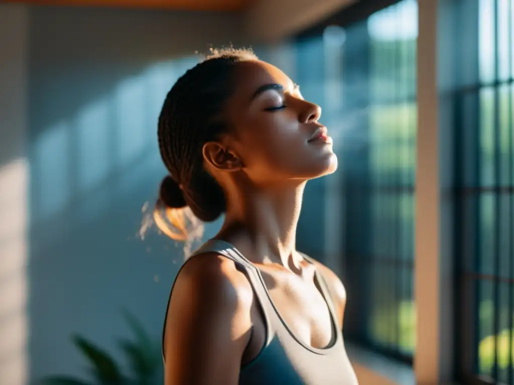 Respirando serenidad: confianza y calma en la luz del sol Persona practicando técnicas de respiración para autoestima, en un espacio tranquilo y sereno, con la luz del sol iluminando su rostro