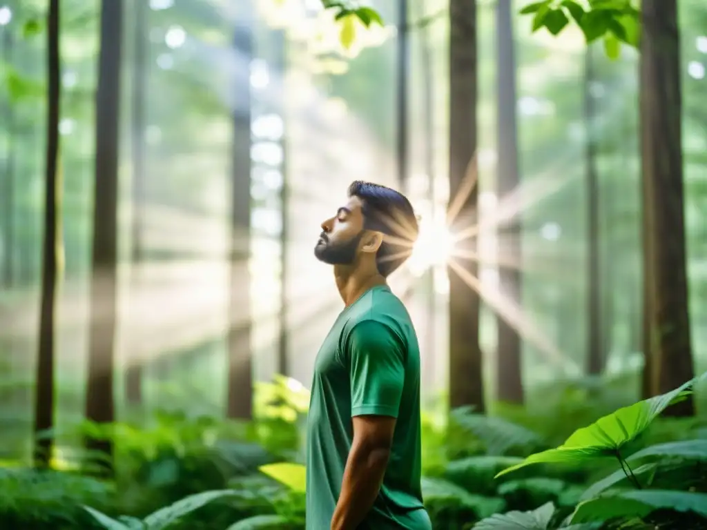 Respiración profunda en el bosque: confianza y serenidad Persona practicando técnicas de respiración para autoestima en un bosque sereno, irradiando confianza y calma