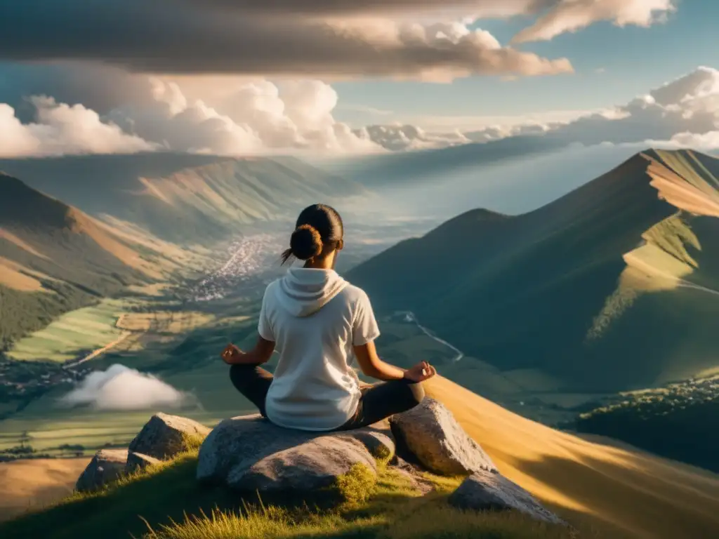 Persona practicando técnicas de respiración en la cima de la montaña, superando la ansiedad con serenidad y introspección