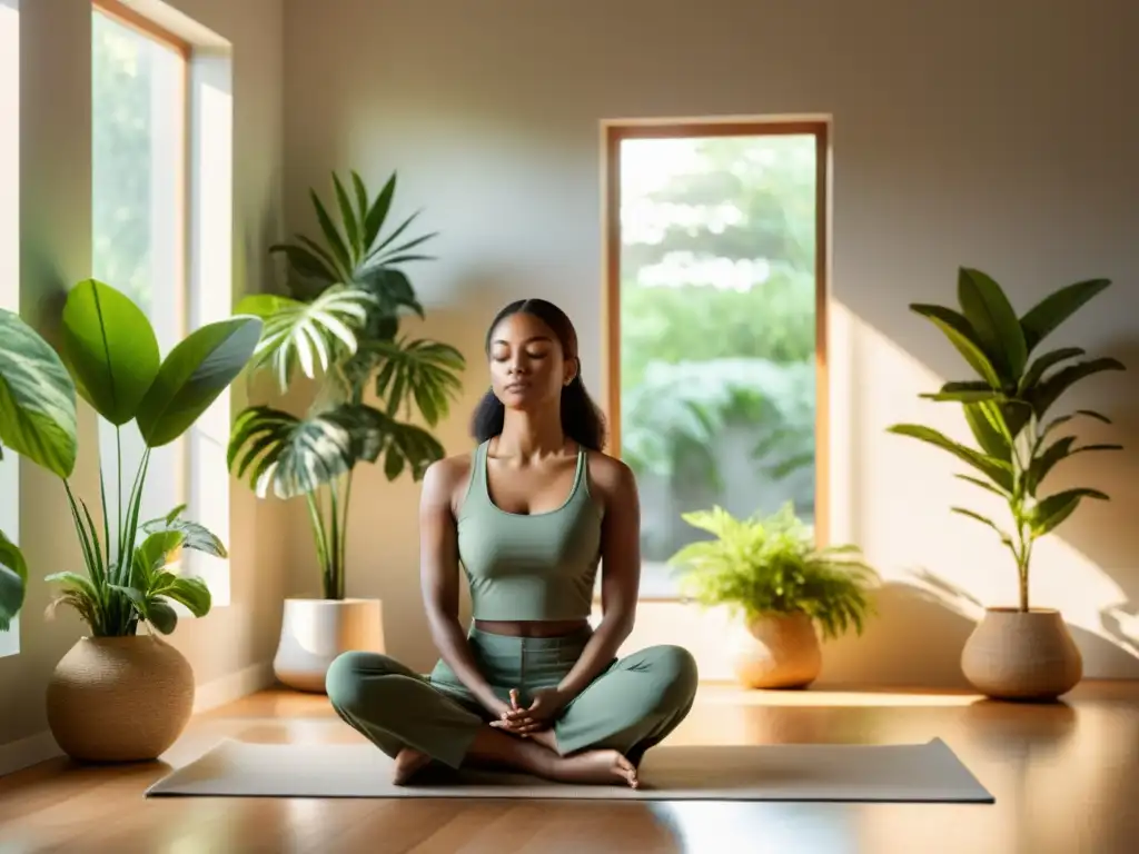 Persona practicando técnicas de respiración consciente para reducir estrés en un ambiente tranquilo y minimalista con plantas verdes