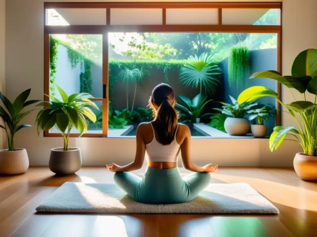 Persona practicando técnicas de respiración consciente en un salón moderno con vista a un jardín tranquilo, rodeada de plantas y decoración relajante