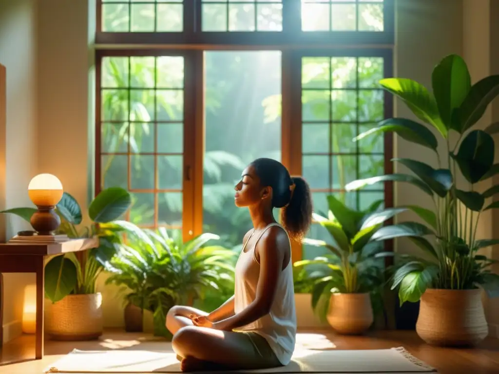 Persona practicando técnicas de respiración consciente ansiedad en un ambiente sereno y luminoso con plantas verdes y luz solar