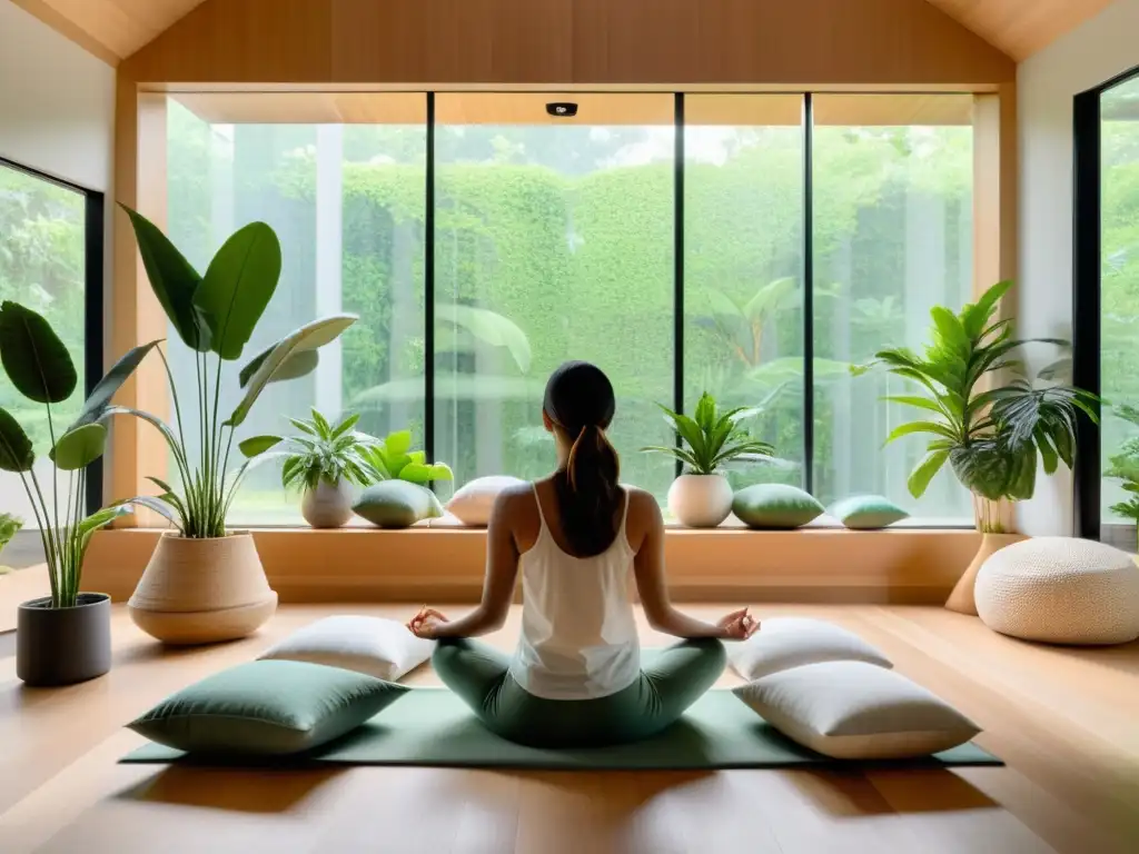 Persona practicando técnicas de respiración consciente en moderna sala de meditación con ventanales y plantas verdes