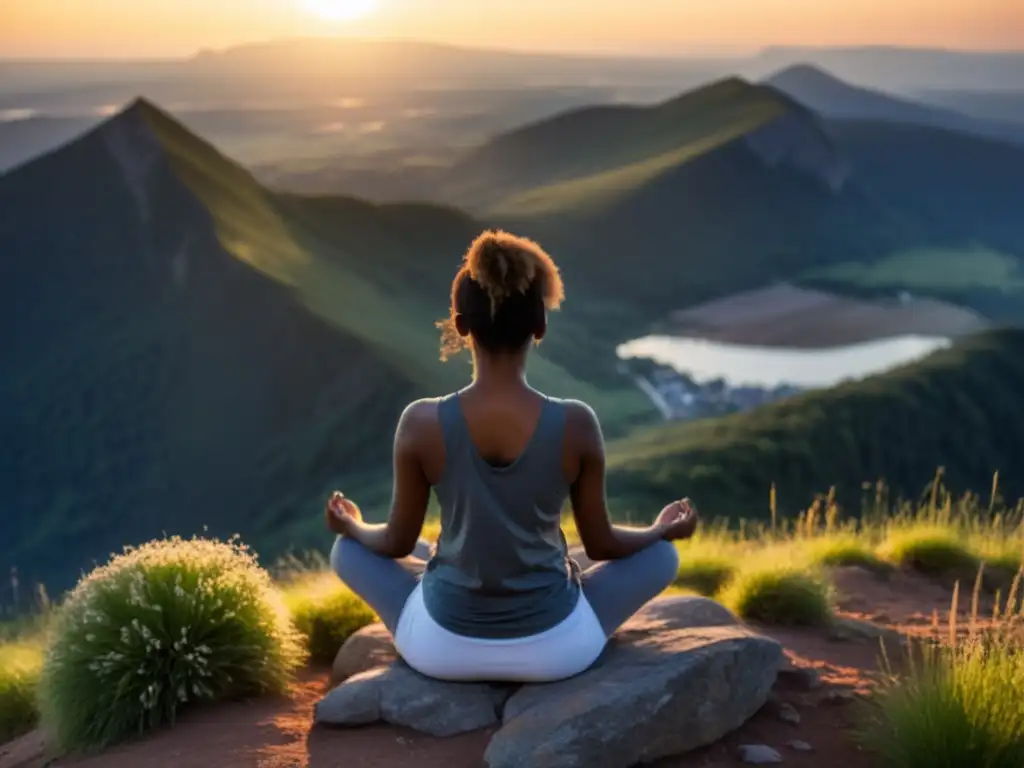 Persona practicando técnicas de respiración consciente para reducir estrés en la cima de una montaña al atardecer, irradiando calma y serenidad