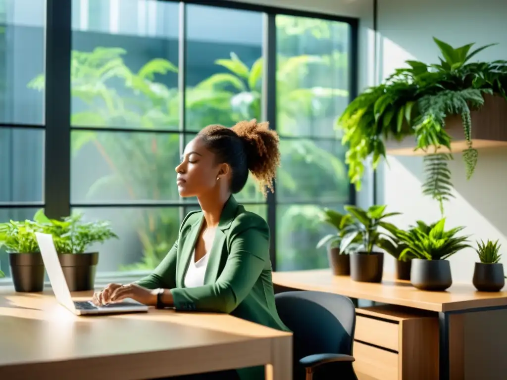 Persona practicando técnicas de respiración consciente en una oficina moderna con plantas verdes y luz natural, creando un ambiente sereno y calmado