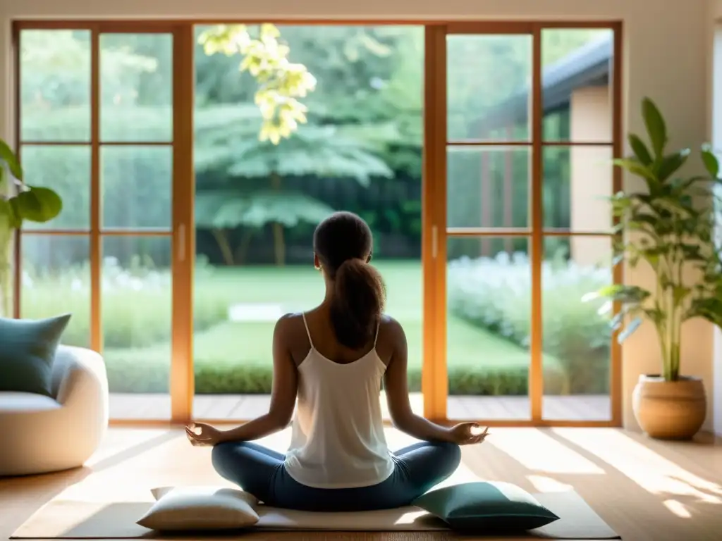 Persona practicando técnicas de respiración consciente para tos crónica en un salón moderno con vista a un jardín exuberante y luz natural relajante