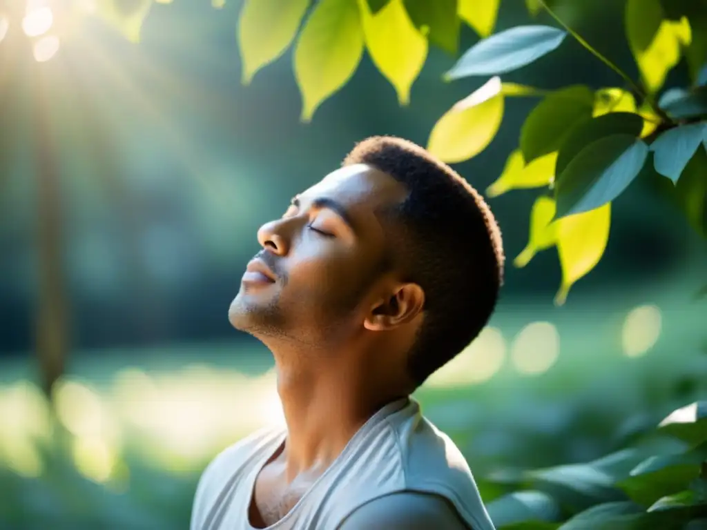 Persona practicando técnicas de respiración consciente para tos crónica en un entorno sereno y tranquilo, con los ojos cerrados y una sonrisa suave en el rostro