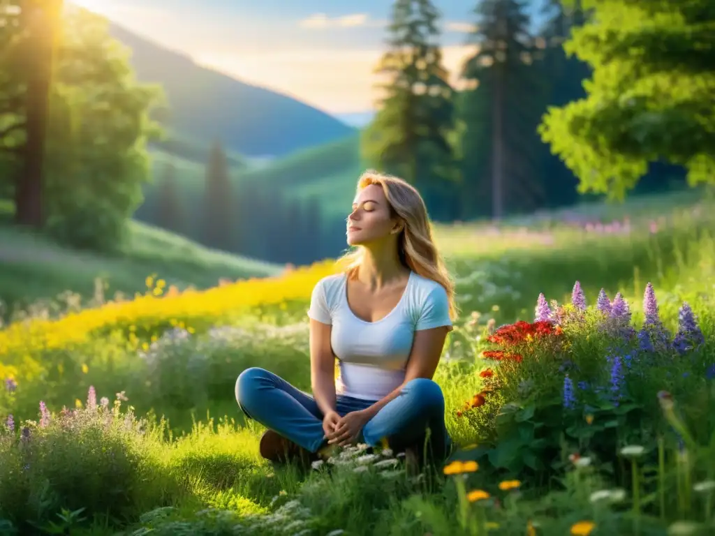 Persona practicando técnicas de respiración consciente para tos crónica en un prado verde y florido, bajo la cálida luz del sol