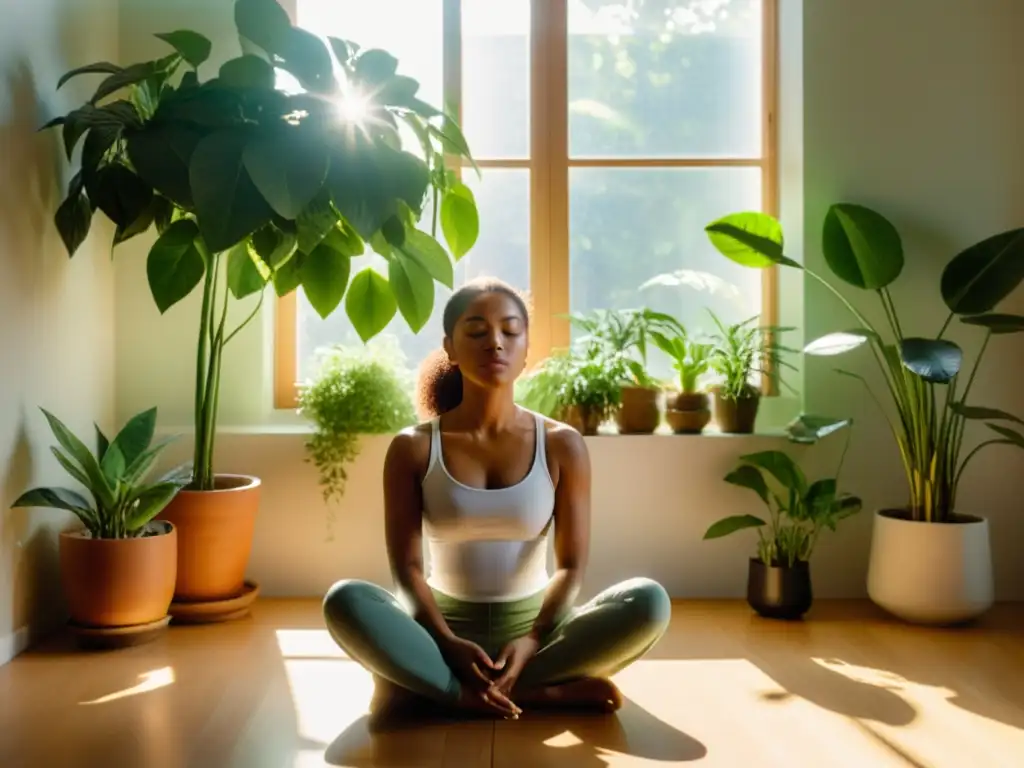 Persona practicando técnicas de respiración consciente para tos crónica en una habitación soleada rodeada de plantas