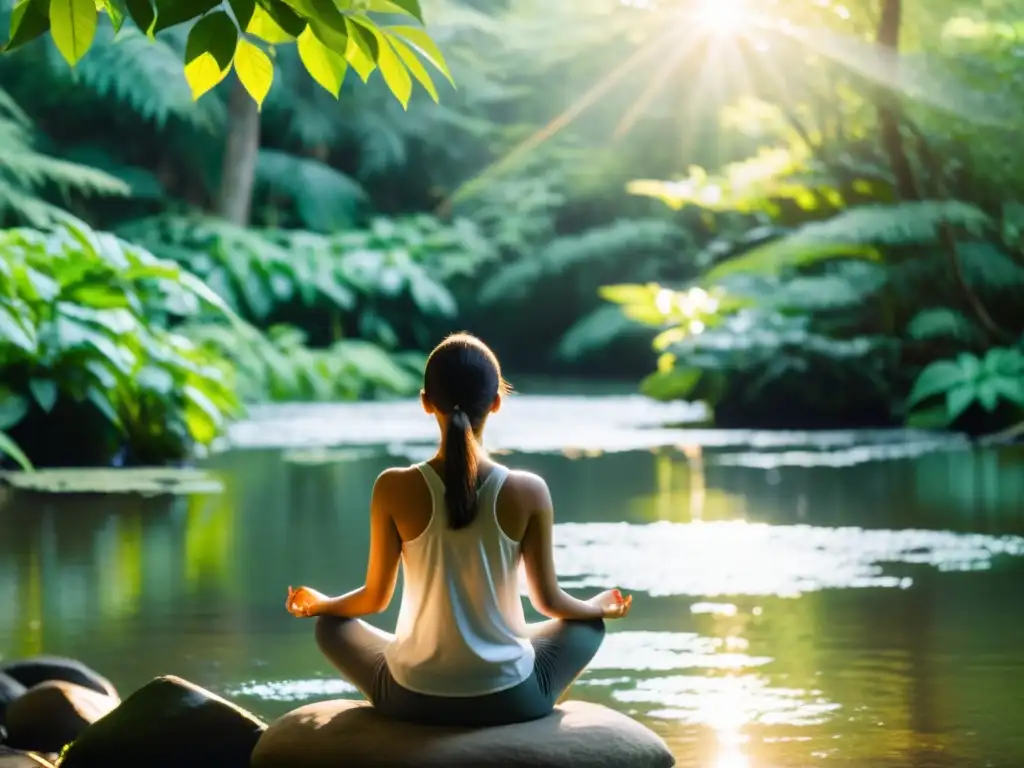 Persona practicando técnicas de respiración consciente para tos crónica en un entorno natural sereno, rodeada de exuberante vegetación y agua fluyente, irradiando calma y paz interior