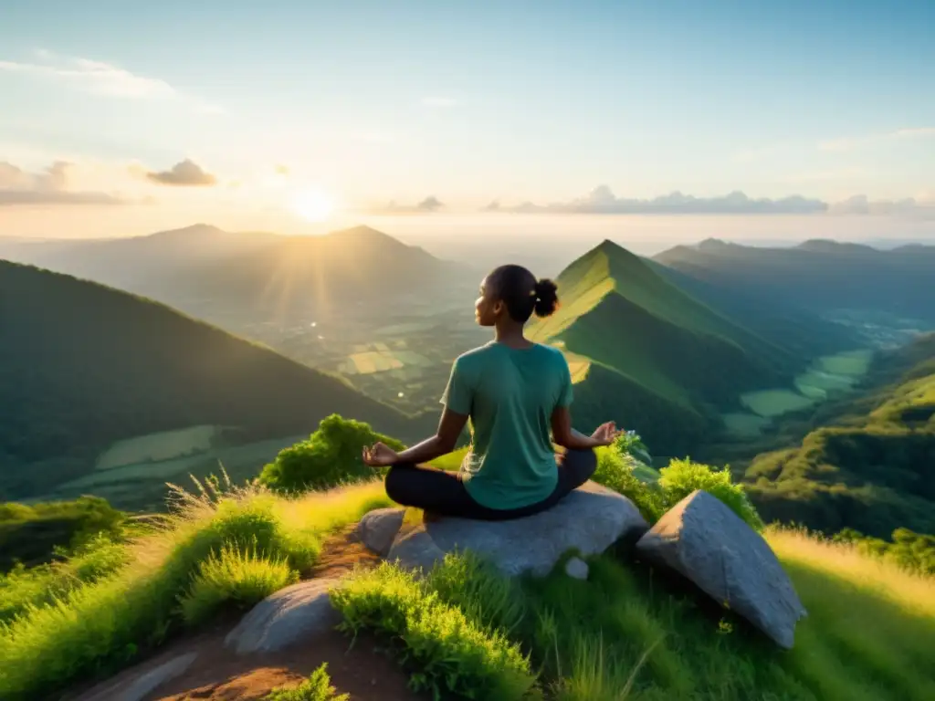 Una persona practica técnicas de respiración consciente en retiros, sentada en la cima de una montaña, rodeada de exuberante vegetación