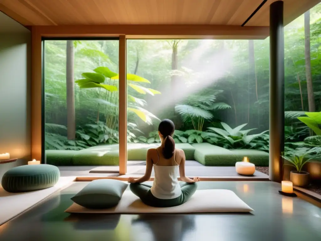 Persona practicando técnicas de respiración consciente en un balneario moderno con vistas a la naturaleza exuberante