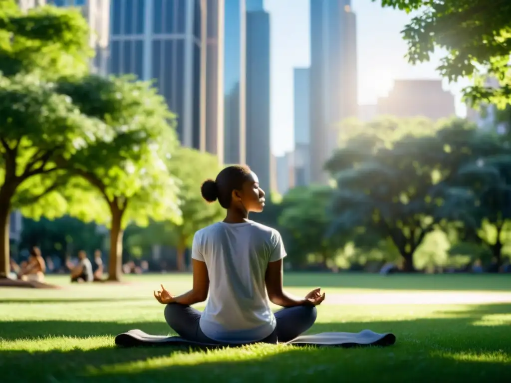 Persona practicando técnicas de respiración consciente para reducir el estrés en un parque urbano