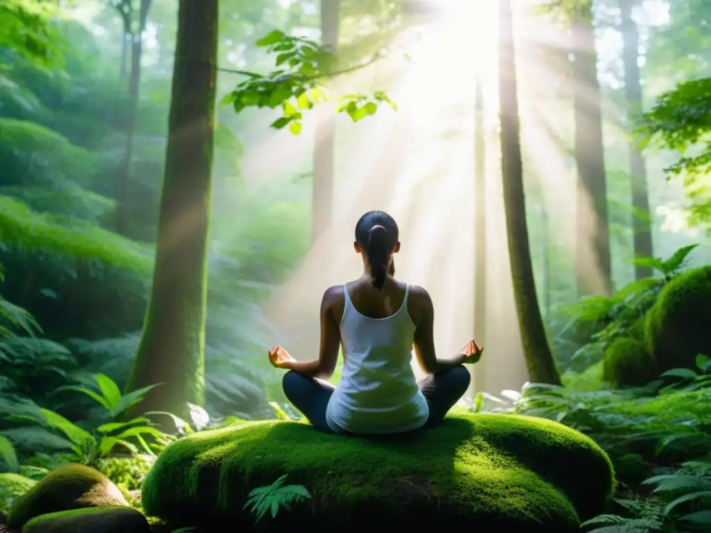 Persona practicando técnicas de respiración consciente en un bosque exuberante