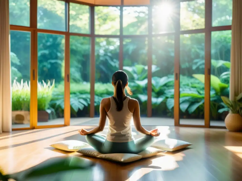 Una persona practica técnicas de respiración consciente para estrés en un sereno y soleado cuarto con vista a un exuberante jardín