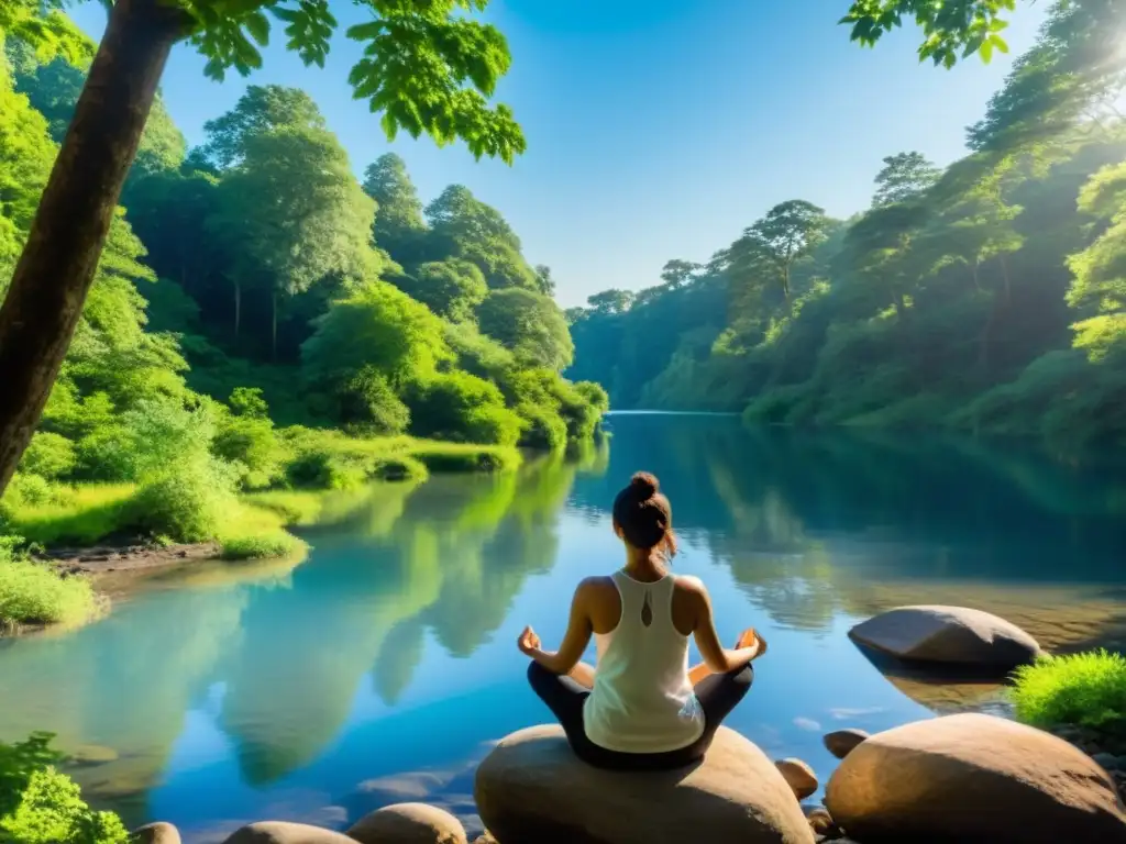 Persona practicando técnicas de respiración consciente para estrés en un bosque sereno junto a un río y cielo azul claro