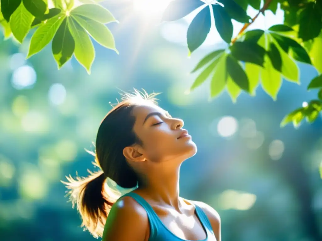 Respiración dinámica: vitalidad en la naturaleza Persona practicando técnicas de respiración dinámica en un entorno natural, irradiando calma y vitalidad bajo la cálida luz del sol