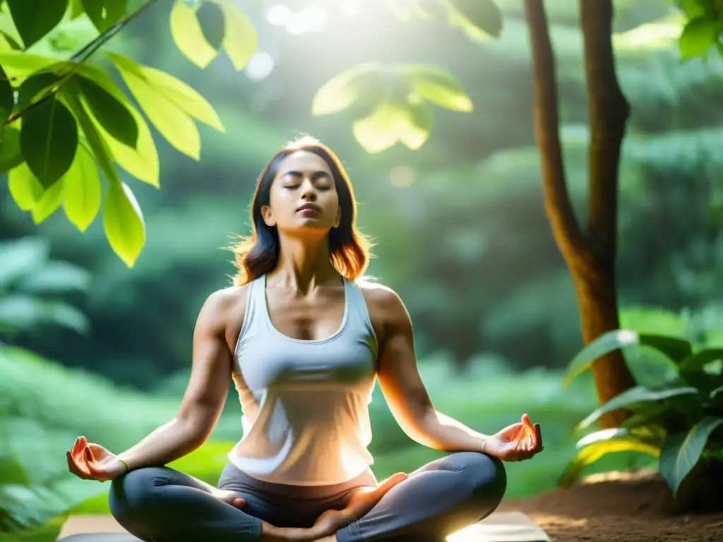 Práctica de respiración dinámica en la naturaleza Una persona practica técnicas de respiración dinámica en un entorno natural sereno, rodeado de exuberante vegetación y luz solar filtrándose entre los árboles