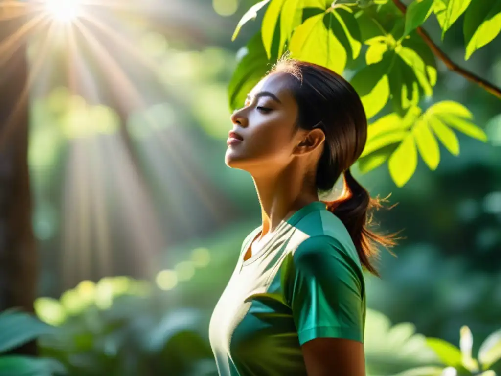 Práctica de respiración dinámica en la naturaleza Persona practicando técnicas de respiración dinámica en un entorno natural, con luz solar entre los árboles y expresión serena