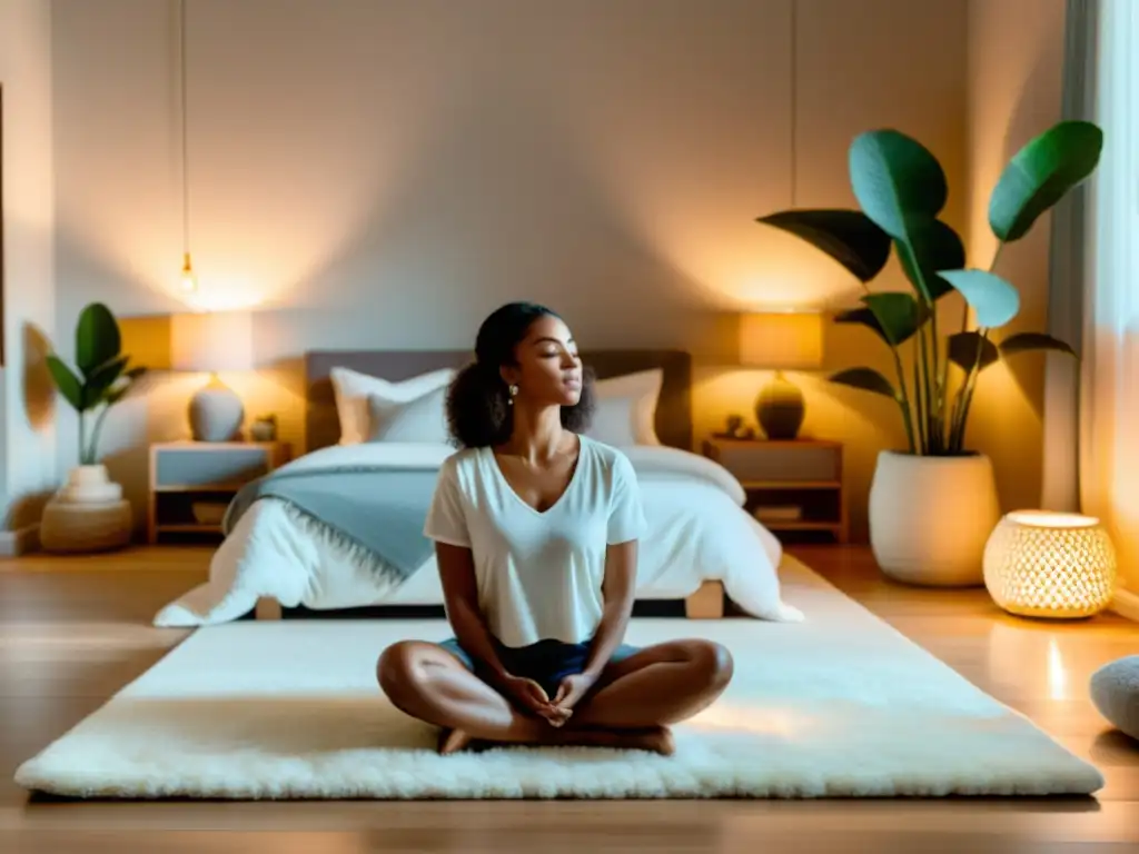 Persona practicando técnicas de respiración para dormir en un dormitorio sereno con iluminación cálida y ambiente tranquilo