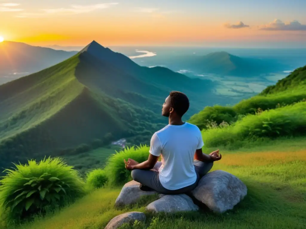 Persona practicando técnicas de respiración para estabilidad emocional en la cima de la montaña al atardecer, rodeada de exuberante vegetación