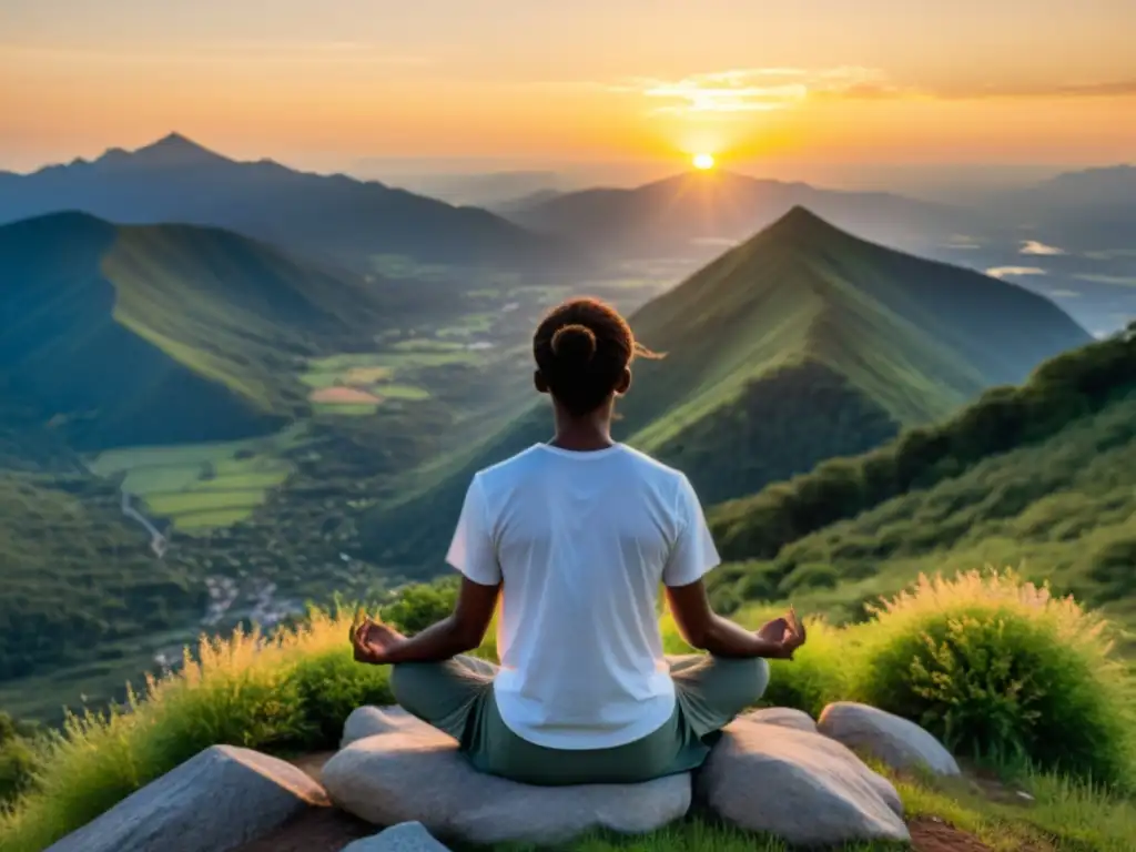 Persona practicando técnicas de respiración para controlar el estrés emocional en la cima de una montaña al atardecer, rodeada de naturaleza serena