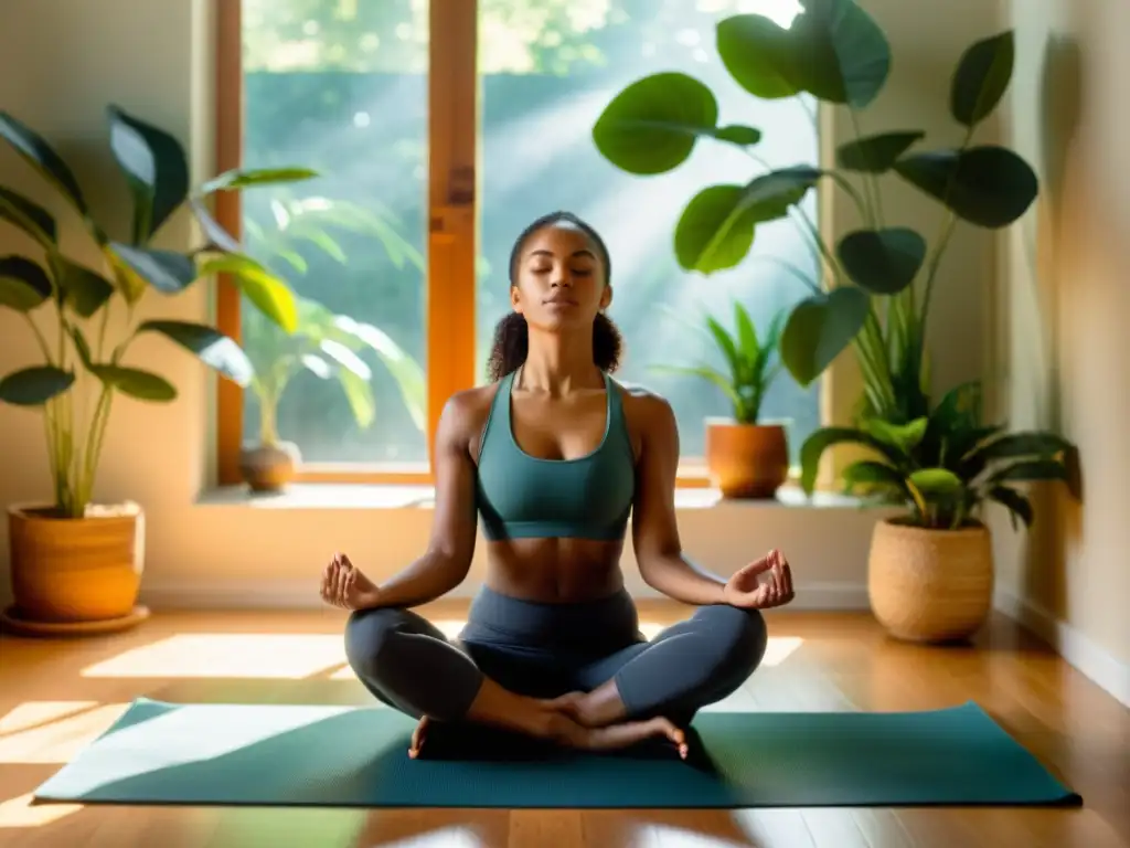 Una persona practica técnicas de respiración para controlar el estrés emocional en una habitación serena llena de plantas iluminada por el sol