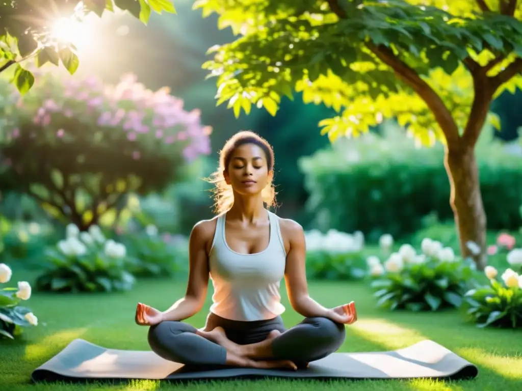 Una persona practica técnicas de respiración en un jardín exuberante, rodeada de naturaleza y tranquilidad