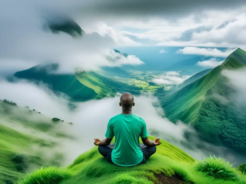 Persona practicando técnicas de respiración meditativa para ansiedad en la cima de una montaña verde, rodeada de nubes y paz