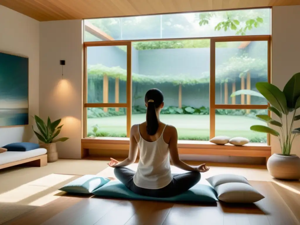 Persona practicando técnicas de respiración en un moderno cuarto de meditación, con vista a un pacífico jardín