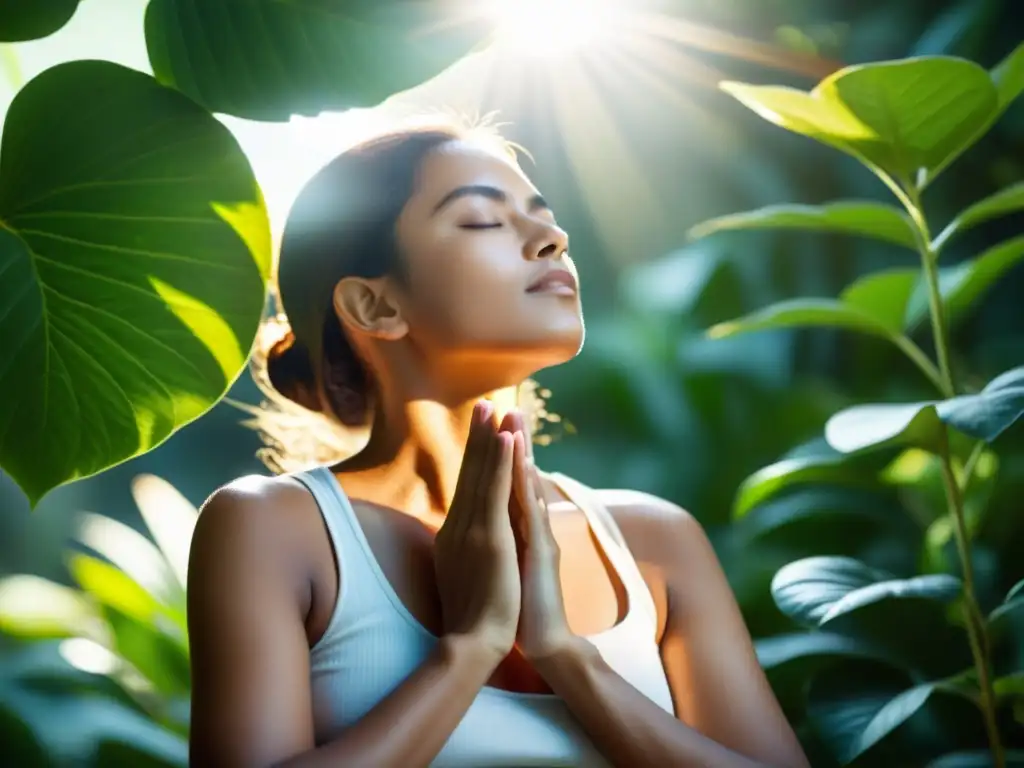 Persona practicando técnicas de respiración nasal en un espacio sereno, con postura equilibrada y gesto concentrado, rodeada de luz solar y naturaleza